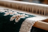 Traditional weaving loom close-up showing emerald green and white floral pattern textile being crafted with natural threads on wooden frame. Artisanal craftsmanship.