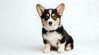 Adorable tricolor Pembroke Welsh Corgi puppy sitting on white background, isolated cute dog portrait for pet lover designs and marketing materials.