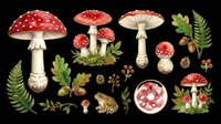 Fly agaric mushrooms with forest elements isolated on transparent background. Ready for clipart, t-shirt design, stickers, sublimation and print-on-demand projects.
