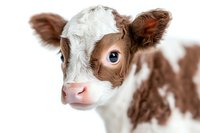 Young brown and white spotted calf with bright blue eyes looking directly at camera against white background, close up portrait of baby cow face.