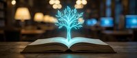 Open book with glowing turquoise tree emerging from pages on wooden surface, blurred warm interior lighting background. Concept for education, knowledge, learning, growth, wisdom, and literary inspiration.