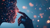 Glowing particle profile of person dissolving into digital fragments against blue background with bokeh lights, silhouette hand reaching toward face.