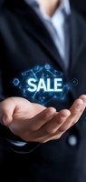 Businessman in dark suit holding glowing blue digital sale hologram network with connected nodes and icons floating above palm, representing modern retail technology.