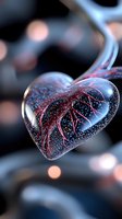 Transparent glass heart with red blood vessels and sparkles floating against blurred bokeh background for romantic medical cardiology concepts.