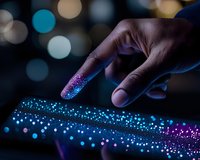 African American woman finger touching digital screen with glowing blue and purple particles, creating interactive light trail effect against dark background.