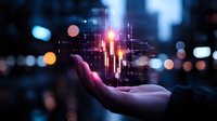 Glowing digital hologram floating above open palm against blurred city lights background, representing future technology and innovation in business solutions.