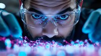 Scientist wearing protective glasses examining glowing blue substance in dark laboratory setting, intense close-up portrait highlighting research and discovery.