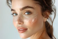 Close up beauty portrait of young woman with natural freckles, glowing skin and dotted lines marking facial features, perfect for cosmetic surgery or beauty treatment advertising.