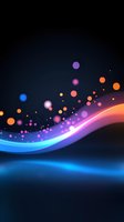Glowing abstract wave with colorful bokeh lights and particles floating against dark background, featuring vibrant blue, purple and orange gradient effects.