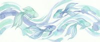 Flowing watercolor waves in soft green and blue tones creating elegant movement across white background for modern design projects.