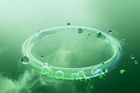 Glowing neon ring with water drops and smoke effects on green background creates mystical atmosphere for technology and gaming visuals.