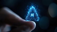Glowing blue AI symbol formed by particles floating above finger on dark background, representing artificial intelligence and future technology.