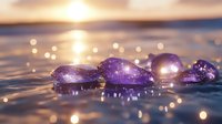 Purple amethyst crystals on reflective water surface with golden sunlight bokeh creating magical atmosphere, wellness and spiritual healing concept.