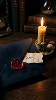 Dark envelope with red wax seal and sorry note beside a glowing candle on wooden table, evoking apology, mystery, and vintage romance.