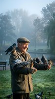 Elderly Caucasian man in flat cap feeding pigeons in misty park during golden hour morning light creating peaceful outdoor wildlife interaction scene.