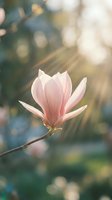 Delicate pink magnolia blossom in full bloom on branch with soft bokeh garden background, spring flowering plant for nature and botanical design projects.