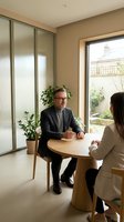 Middle-aged Caucasian male professional in business casual attire meeting with young female colleague at round wooden table in modern office with natural light and potted plants.