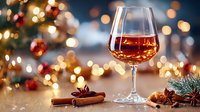 Glass of cognac or brandy with Christmas decorations and spices on wooden table against blurred festive lights and ornaments creating cozy holiday atmosphere.