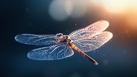 Dragonfly with translucent wings against dark background with bokeh lights and sunbeams. Macro nature photography showing delicate wing structure and intricate details.