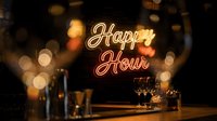 Happy Hour neon sign glowing in warm orange light at bar counter with blurred bottles and glasses creating cozy nightlife atmosphere for restaurant promotion.