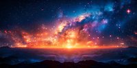 Vibrant cosmic landscape with colorful nebula and stars over mountain silhouettes at sunset, dramatic galaxy view with glowing celestial lights in night sky.