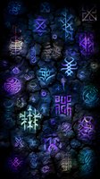 Mystical glowing runes and magical symbols on dark stone wall texture with purple, blue and green neon illumination creating occult atmosphere.