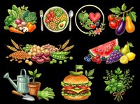 Healthy eating concept with fresh vegetables, fruits, legumes, and nutritious meals isolated on transparent background. Ready for t-shirt design, clipart, stickers, print-on-demand, and sublimation projects.