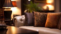 Elegant leather sofa with decorative pillows in warm lighting, creating cozy atmosphere in luxury living room interior with ambient table lamps and houseplants.