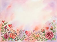 Watercolor floral border with red and pink hearts, roses, and botanical elements on soft pastel background. Romantic design for wedding invitations, greeting cards, and love-themed projects.