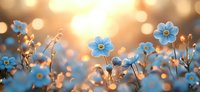 Small blue forget-me-not flowers blooming in warm golden sunlight with soft bokeh background creating dreamy spring garden atmosphere for nature designs.