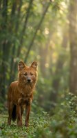 Red fox standing alert in sunlit forest with golden bokeh light filtering through trees creating magical woodland atmosphere.