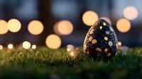 Decorative cosmic egg with galaxy pattern on grass against blurred golden bokeh lights creates magical evening atmosphere. Easter concept with space theme.