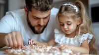Young bearded father and little daughter in white dress baking together, sprinkling flour and decorating pastry in kitchen, family cooking activity.