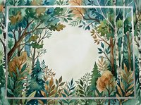 Watercolor botanical frame with lush green and autumn foliage creating natural border. Organic leaves and branches form decorative wreath design for invitations.