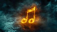 Glowing musical note symbol burning with fire effect against dark stormy background with water reflection, dramatic atmosphere for music industry designs.