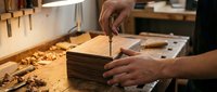 Craftsman using chisel and hammer on wooden block in workshop with tools and sawdust, demonstrating traditional woodworking and carpentry techniques for artisan projects.