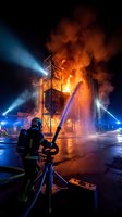 Firefighters battle massive industrial blaze with water cannons as flames engulf factory structure creating dramatic emergency response scene at night.