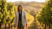 Professional businesswoman in beige suit walking through vineyard rows during golden hour sunset, smiling confidently among grapevines with rolling hills background.