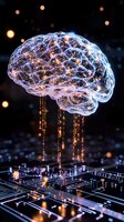 Glowing neural network brain floating above circuit board with streaming light connections and bokeh effects, representing artificial intelligence and machine learning.