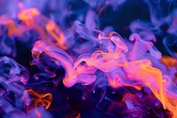 Vibrant orange and purple smoke swirls creating abstract fluid art patterns against dark background, dynamic motion captured in bright neon colors for creative design.