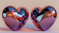 Metallic rose gold heart shapes with reflective surface creating mirror effect and distorted reflections against soft pink background. Romantic modern design element.