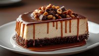 Slice of creamy cheesecake on chocolate crust topped with caramel sauce drip, mixed nuts and dried fruits served on white plate, macro food photography.