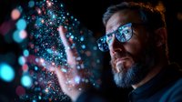 Bearded man in glasses with glowing blue particles and bokeh lights creating magical atmosphere. Side view portrait against dark background with neon effects.