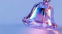 Crystal glass bell with iridescent pink and blue reflections on soft blue background, elegant holiday decoration with transparent glossy surface and delicate curves.