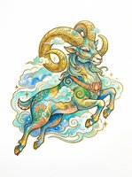Ornate Aries ram zodiac symbol with golden horns, turquoise clouds, and decorative floral patterns, isolated on transparent background for t-shirt design, clipart, stickers, and print-on-demand products.