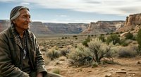 Senior man with gray hair and Native American heritage gazing at vast desert landscape with canyon formations and sparse vegetation, contemplative outdoor portrait.