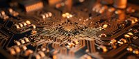 Close-up macro view of electronic circuit board with golden copper traces, microchips, and components showcasing modern technology and engineering precision.