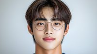 Young Asian male model wearing round glasses with gentle smile against light background, showcasing modern minimalist portrait style for fashion and lifestyle content.