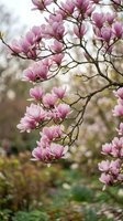 Pink magnolia blossoms bloom on branches in spring garden setting, perfect for nature, seasonal, and botanical design projects.