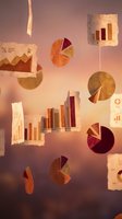 Floating business charts and graphs with warm lighting showcase financial data visualization and analytics concepts for corporate presentations.